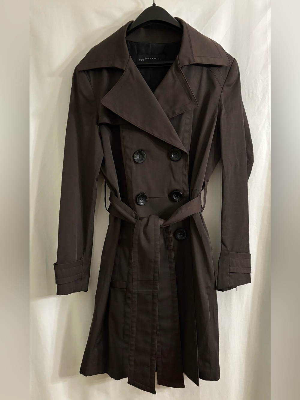 Zara Basic Brown Double-Breasted Trench Coat with Waist Tie